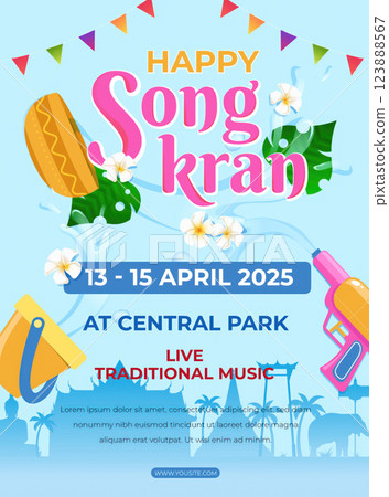 Songkran Festival at Central Park with Live Music and Cultural Activities, vector illustration 123888567
