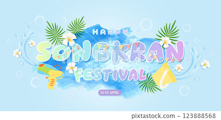 Happy Songkran Festival with Water Activities and Colorful Decorations, vector illustration 123888568