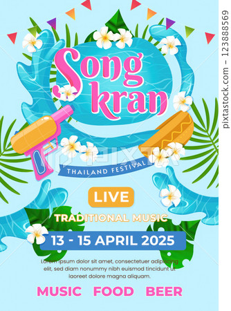 Songkran Festival Celebrations with Traditional Music and Fun Activities, vector illustration 123888569