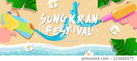 Dynamic Songkran Festival Artwork Featuring Water Guns and Beach Elements, vector illustration 123888573