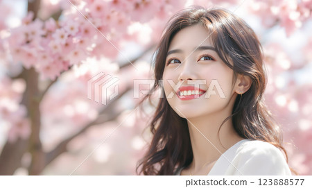 在盛開的櫻花樹下，一位年輕女子開心地微笑 123888577