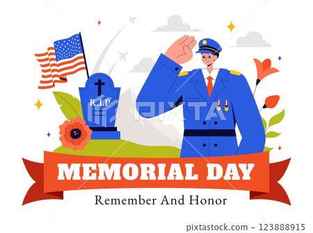 Memorial Day Vector Illustration of Remembering and Honoring Meritorious Soldiers, Featuring the American Flag and Ribbon in a Flat Style Background 123888915