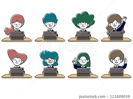 享受平板電腦學習的學生的向量插圖集 123889039