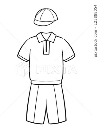 Illustration of gymnastics uniform and red and white hat (line drawing) 123889054