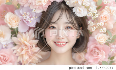特寫鏡頭：一位女士的笑臉被色彩繽紛的淡色花朵包圍 123889055