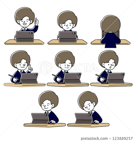 在平板電腦上學習的人（制服和西裝）的各種面部表情模式的向量插圖集 123889257