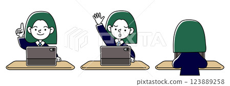 Vector illustration set of various facial expression patterns of people (uniforms and suits) studying on a tablet 123889258
