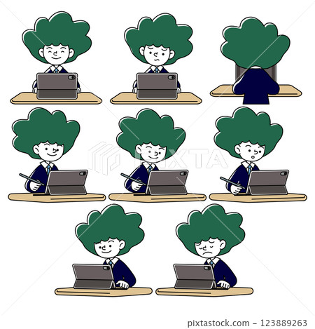 在平板電腦上學習的人（制服和西裝）的各種面部表情模式的向量插圖集 123889263