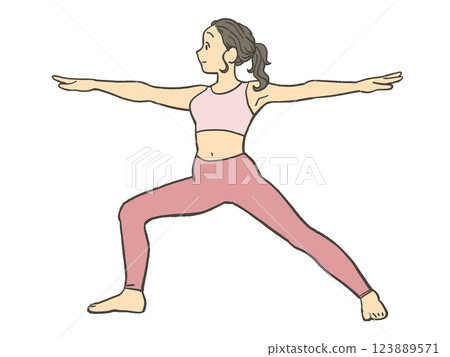 Woman doing yoga warrior pose 123889571