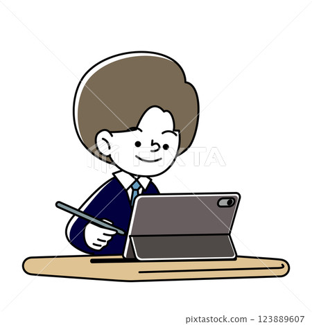 一個微笑的人在平板電腦上學習的向量插圖 123889607