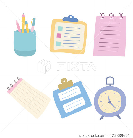 Office Elements Set of Business Stationery Paper Notes Clock Pencil Pen with Soft Pastel Color Office Elements Set of Business Stationery Paper Notes Clock Pencil Pen with Soft Pastel Color 123889695