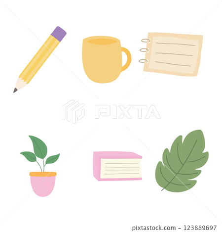 Office Elements Set of Business Stationery Pencil Cup Mug Paper Book Plant with Soft Pastel Color 123889697