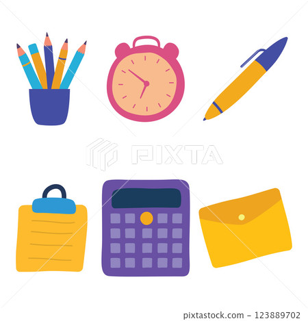 Colorful Elements Set of Business Office School Stationery with Paper Notes Clock Pen Calculator 123889702