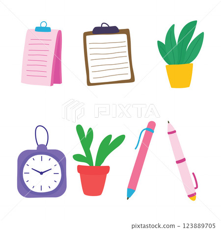Colorful Elements Set of Business Office School Stationery with Paper Notes Plant Clock Pen 123889705