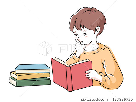 Boy enjoying reading - Hand-drawn illustration of a child reading a book Boy enjoying reading - Hand-drawn illustration of a child reading a book 123889730