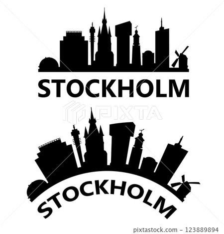 Stockholm skyline silhouette. Stockholm Sweden skyline sign. Landscape City Design. flat style. 123889894