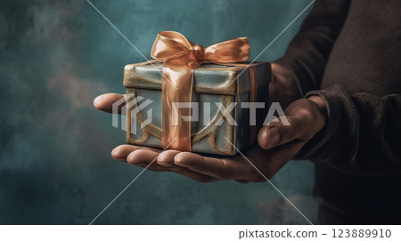 Handcrafted gift box in hands. Offering of the beautiful handmade giftbox. Generated AI. Handcrafted gift box in hands. Offering of the beautiful handmade giftbox. Generated AI. 123889910