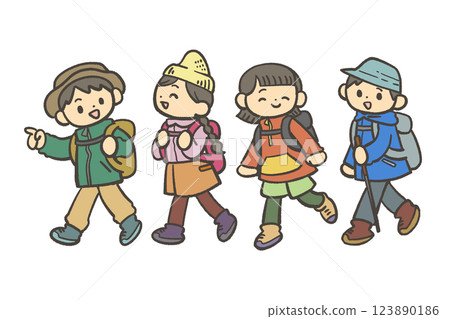 一群男人和女人徒步旅行 123890186