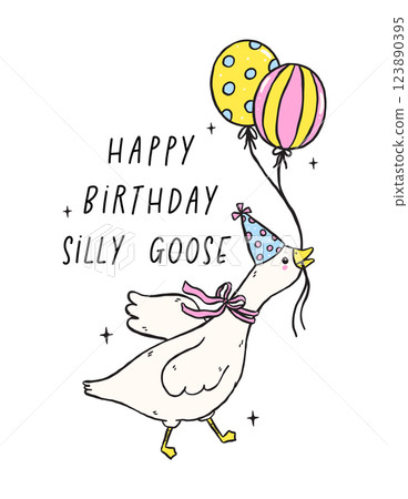 Cute Happy Birthday Silly Goose hold balloons, Retro Cartoon Hand Drawing greeting card Design 123890395