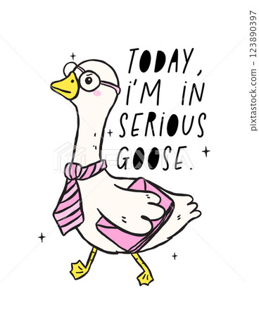 Cute Silly Goose in serious mode with necktie, Retro Cartoon Hand Drawing Meme Design 123890397