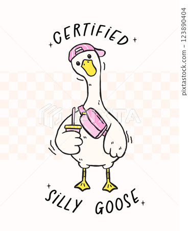 Cute Silly Goose on the Loose with coffee, certified silly goose, Retro Cartoon Hand Drawn Meme illustration Design 123890404
