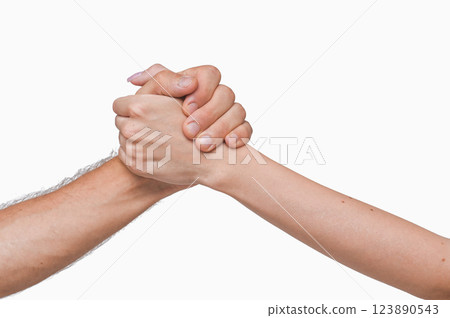 male and female hands. gesture of a strife or solidarity, white background. concept male and female hands. gesture of a strife or solidarity, white background. concept 123890543