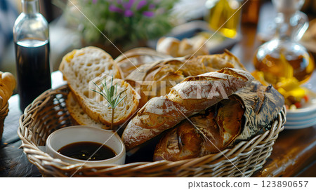 fresh bread basket with assorted loaves and dipping sauce on a rustic table 123890657