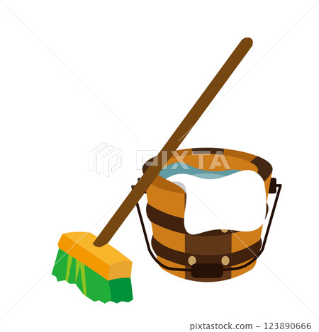 Deck brush and wooden bucket illustration Deck brush and wooden bucket illustration 123890666