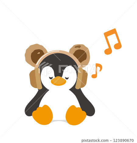 一隻企鵝戴著熊耳耳機聽音樂的插圖 一隻企鵝戴著熊耳耳機聽音樂的插圖 123890670