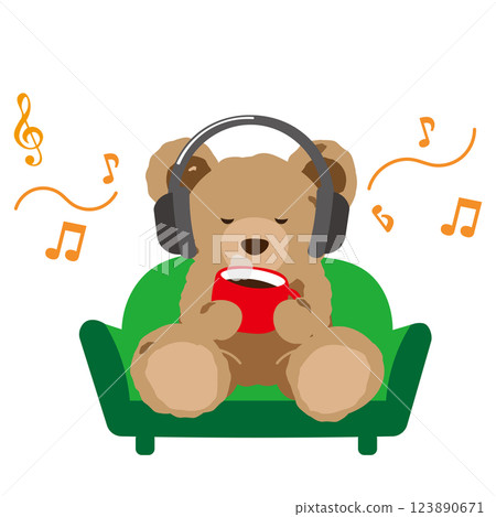 Illustration of a teddy bear drinking coffee and listening to music on headphones Illustration of a teddy bear drinking coffee and listening to music on headphones 123890671