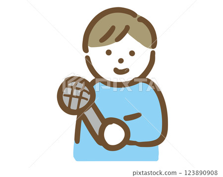 Smiling young man in casual clothes pointing at microphone (upper body) Smiling young man in casual clothes pointing at microphone (upper body) 123890908