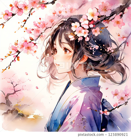 Cute woman in a kimono and cherry blossoms [AI generated image] 123890921