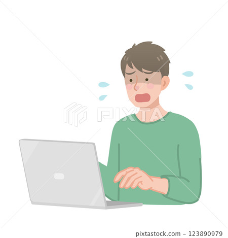 一名男子臉色蒼白地看著電腦 一名男子臉色蒼白地看著電腦 123890979