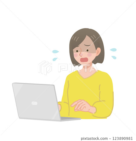 一名女子臉色蒼白地看著電腦 一名女子臉色蒼白地看著電腦 123890981