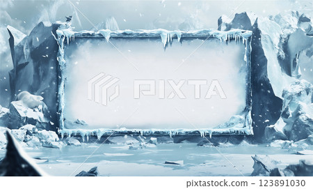 Polar ice frame background. Fantastic winter landscape with a polar bear in the distance 123891030