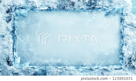 A background design with a frame surrounded by ice, featuring cold blue tones A background design with a frame surrounded by ice, featuring cold blue tones 123891031