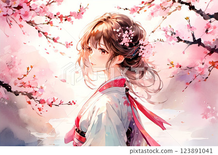 Cute woman in a kimono and cherry blossoms [AI generated image] 123891041
