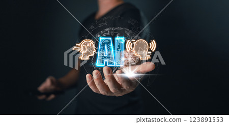 man hold ai auto chat bot. Big data center storage.Digital Artificial Intelligence technology disruption concept. We are implementing storage technology support and service in the business. man hold ai auto chat bot. Big data center storage.Digital Artificial Intelligence technology disruption concept. We are implementing storage technology support and service in the business. 123891553