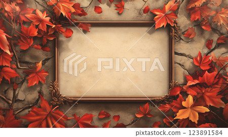 與木製框架和秋葉相協調的秋季設計背景。暖色裝潢 123891584