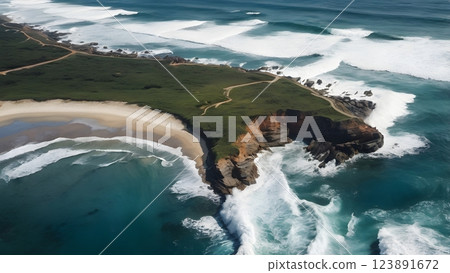 Drone view of the sea coast. Rocky shore and sea water. Vacation and travel. Summer seascape. aerial view. Image for cards, background, wallpaper or design. 123891672