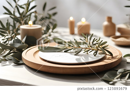 Mediterranean wedding stationery. Birthday mock-up. Blank greeting card, envelope on grunge concrete floor background. Mediterranean wedding stationery. Birthday mock-up. Blank greeting card, envelope on grunge concrete floor background. 123891679