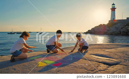 Children on the seashore create drawings on massive rocks, enjoying their time by the water. 123891688
