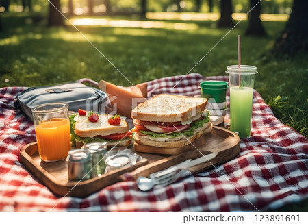 Parkside bliss picnic essentials and a cozy checkered blanket. 123891691