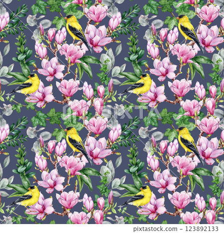 Magnolia pink flowers, green leaves, goldfinch birds seamless pattern floral decor element. Hand drawn vintage style watercolor illustration. Spring tender floral lush decoration on dark background Magnolia pink flowers, green leaves, goldfinch birds seamless pattern floral decor element. Hand drawn vintage style watercolor illustration. Spring tender floral lush decoration on dark background 123892133