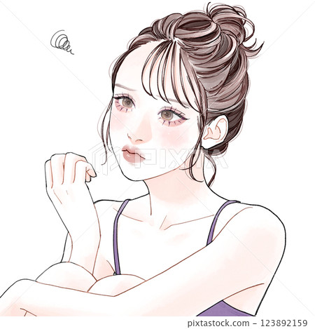 A woman with a dissatisfied expression looking at her fingertips A woman with a dissatisfied expression looking at her fingertips 123892159