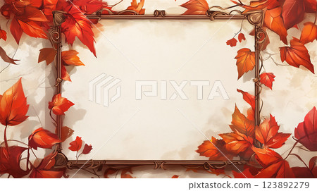 Autumn decorative design featuring delicate wooden frames and entwining autumn leaves 123892279