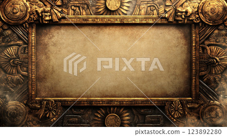 Golden decorative frame in Aztec civilization style. Background design with a historical feel Golden decorative frame in Aztec civilization style. Background design with a historical feel 123892280