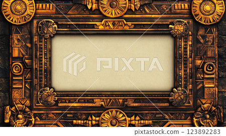 Luxurious gold frame engraved with traditional Aztec symbols 123892283