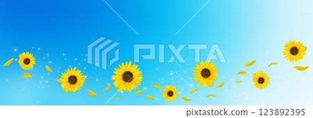 花瓣和向日葵在閃閃發光的藍色夏日天空中飛舞 123892395