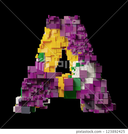 Colorful 3D Pixelated Letter A on Black Background in Artistic Design 123892425